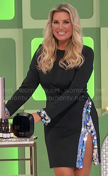 Rachel's black long sleeved dress with silver embellished trim on The Price is Right