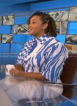 Rachel Rodgers's blue mixed print shirt on NBC News Daily