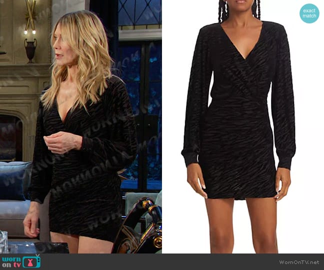 Ramy Brook Kalan Leopard Wrap Minidress in Black Zebra Burnout worn by Kristen DiMera (Stacy Haiduk) on Days of our Lives