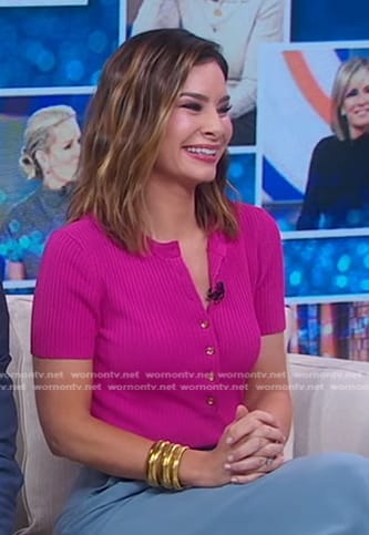 Rebecca’s pink ribbed button front top on Good Morning America