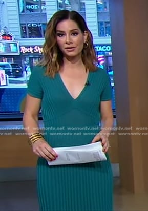 Rebecca’s green pleated midi dress on Good Morning America