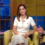 Rebecca’s white polo and floral leather skirt on Good Morning America