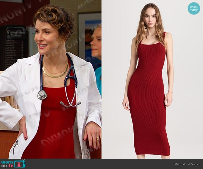 Reformation Galinda Cashmere Dress in Crimson worn by Sarah Horton (Linsey Godfrey) on Days of our Lives