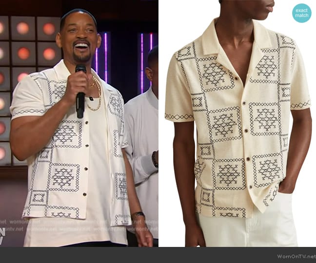 Reiss Cosmos Embroidered Short Sleeve Cotton Button-Up Shirt worn by Will Smith on The Kelly Clarkson Show