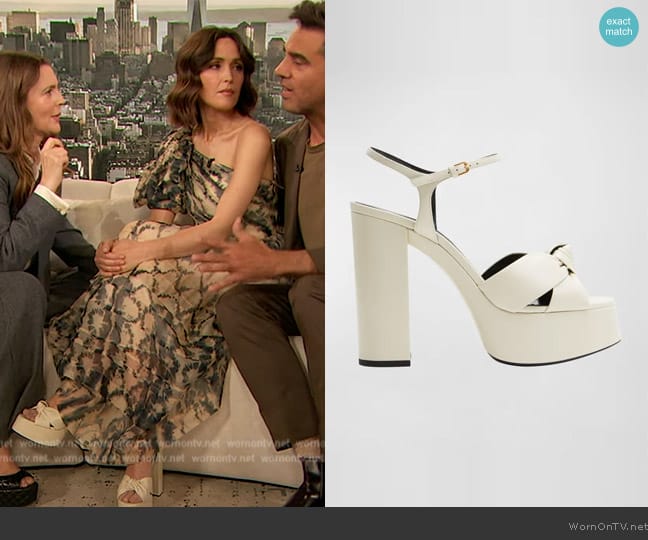 Saint Laurent Bianca Knotted Ankle-Strap Platform Sandals worn by Rose Byrne on The Drew Barrymore Show