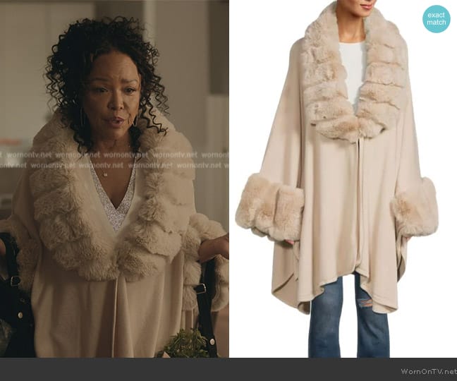 Saks Fifth Avenue Faux Fur Trim Asymmetric Ruana worn by Alicia (Lynn Whitfield) on The Chi