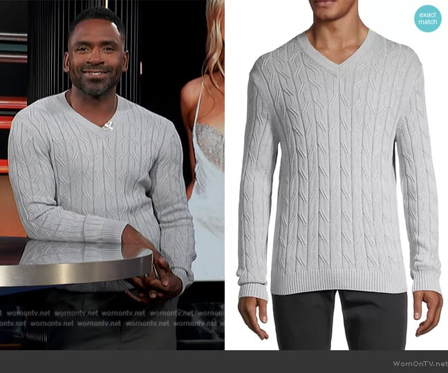 Saks Fifth Avenue COLLECTION Cable-Knit V-Neck Sweater worn by Justin Sylvester on E! News