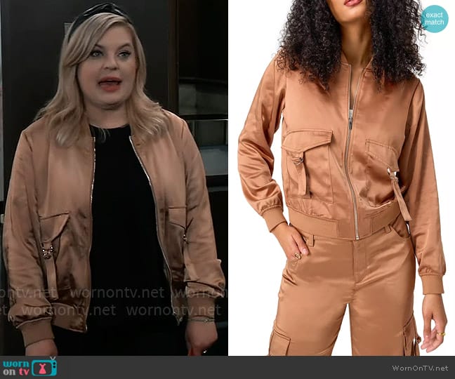 Sanctuary Silky Utility Bomber Jacket in Mocha Mousse worn by Maxie Jones (Kirsten Storms) on General Hospital