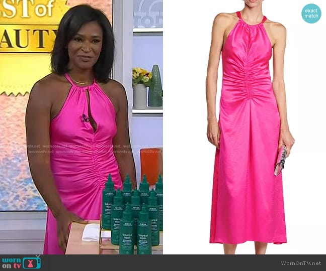 Sandro Courtney Halter Midi Dress in Fushia worn by Deena Campbell on Today