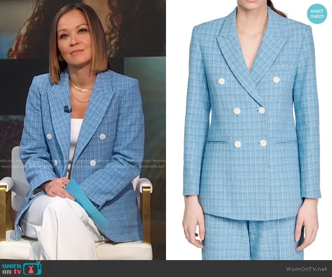 Sandro Double-Breasted Tweed Blazer worn by Eva Pilgrim on Good Morning America