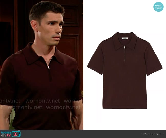 Sandro Pablo Zip Polo Shirt in Brown worn by Dr. John Finnegan (Tanner Novlan) on The Bold and the Beautiful