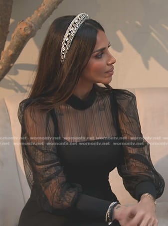 Sara’s black sheer panel dress and embellished headband on The Real Housewives of Dubai