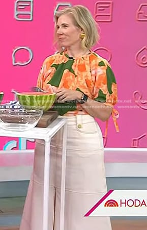 Sarah Clagett's green floral top and white skirt on Today