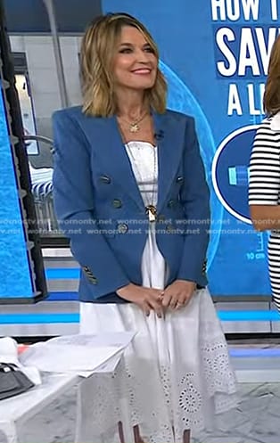 Savannah's white embroidered scalloped dress and blue blazer on Today