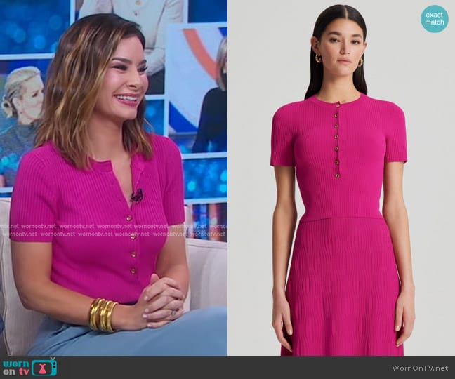 Scanlan Theodore Pleated Rib Gold Button Top in Fuchsia worn by Rebecca Jarvis on Good Morning America