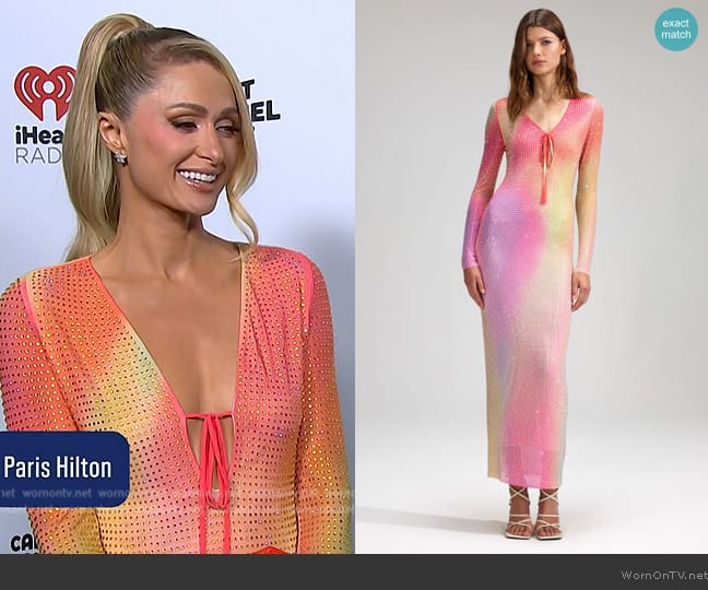 Self Portrait Printed Mesh Rhinestone Long Sleeve Maxi Dress worn by Paris Hilton on E! News