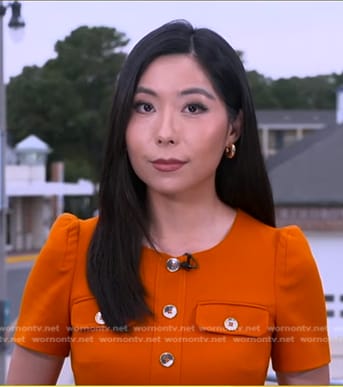 Selina Wang's orange button front sheath dress on Good Morning America