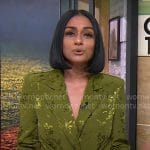 Shanelle Kaul’s green floral tie waist blazer on CBS Mornings