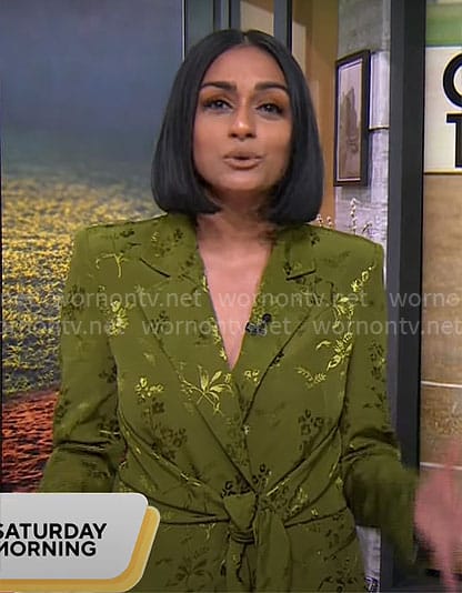 Shanelle Kaul's green floral tie waist blazer on CBS Mornings