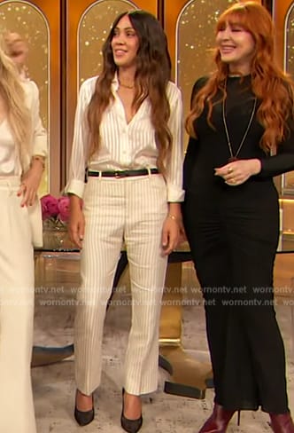 Shani Darden's pinstripe blouse and pants on The Drew Barrymore Show