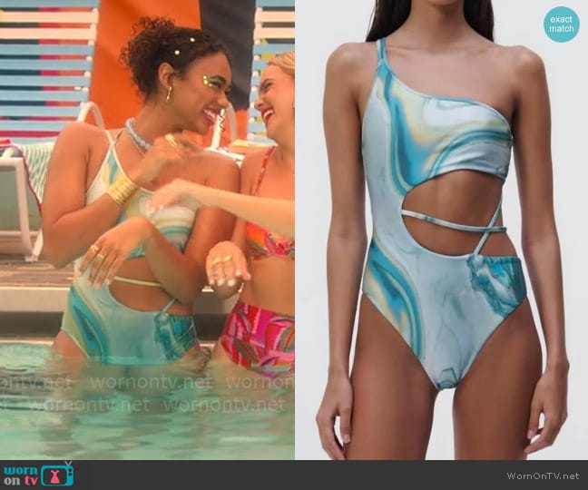 Simkhai Stormi Swimsuit in Laguna Marble worn by Tabitha 'Tabby' Hayworth (Chandler Kinney) on Pretty Little Liars Original Sin