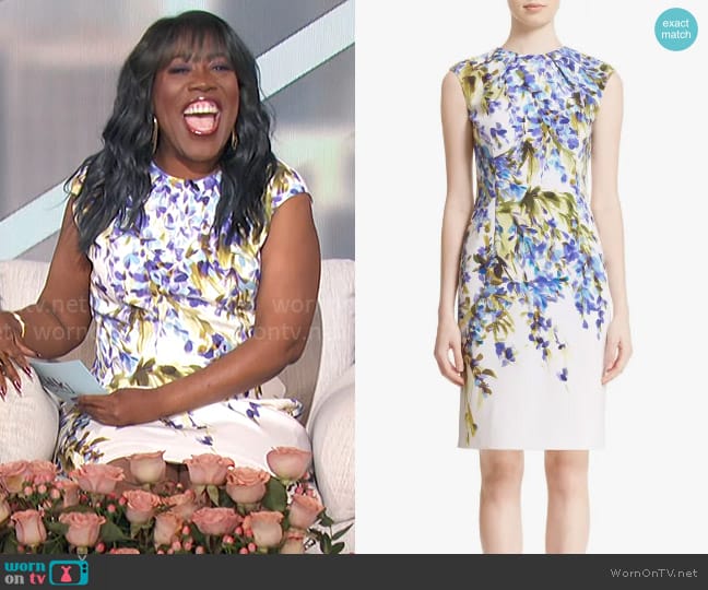 St John Collection Budding Floral Print Stretch Silk Crêpe de Chine Sheath Dress worn by Sheryl Underwood on The Talk