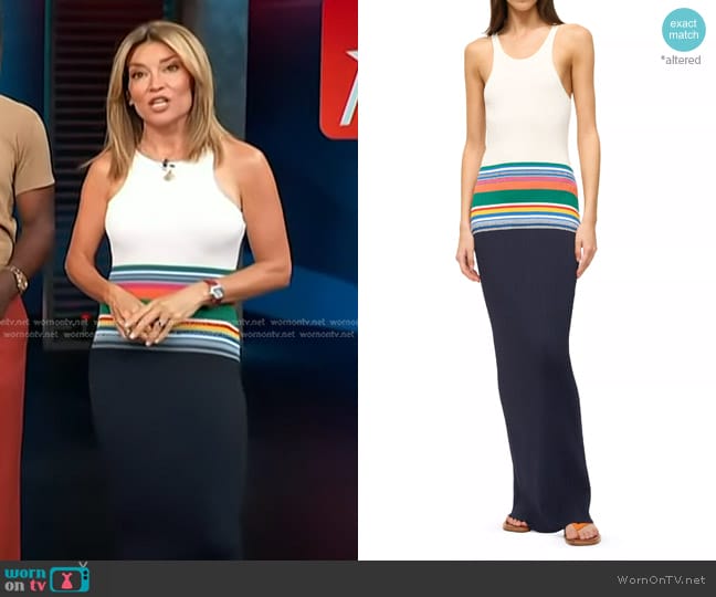 Staud Hibiscus Ribbed Striped Midi-Dress in Navy Multi worn by Kit Hoover on Access Hollywood