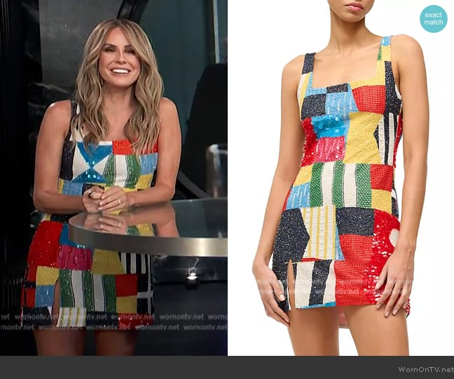 Staud Le Sable Embellished Patchwork Minidress worn by Keltie Knight on E! News