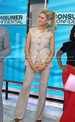 Stefani Berkin’s beige button up vest top and pants on Today