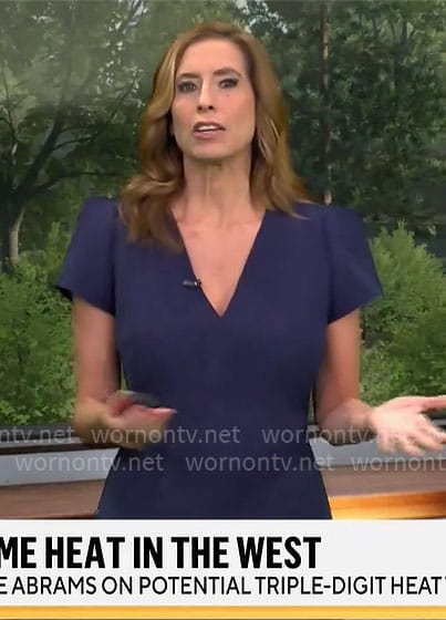 Stephanie Abram’s navy short sleeved v-neck dress on CBS Mornings