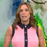 Stephanie Abrams’ pink button front dress with navy trim on CBS Mornings