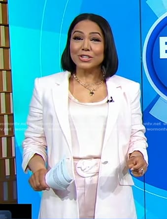 Stephanie’s blush pink ruched sleeve blazer and  shorts on Good Morning America