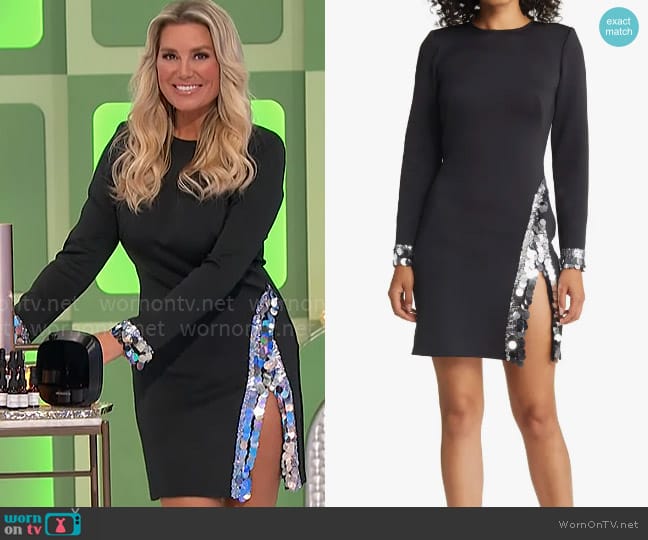 Rachel’s black dress with embellished trim on The Price is Right