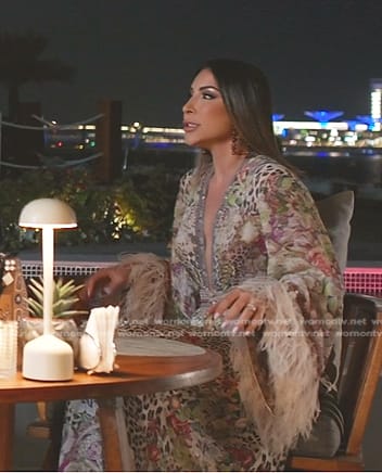 Taleen's animal print feather trim dress on The Real Housewives of Dubai