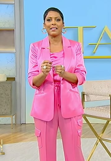 Tamron’s pink satin blazer and pants on Tamron Hall Show