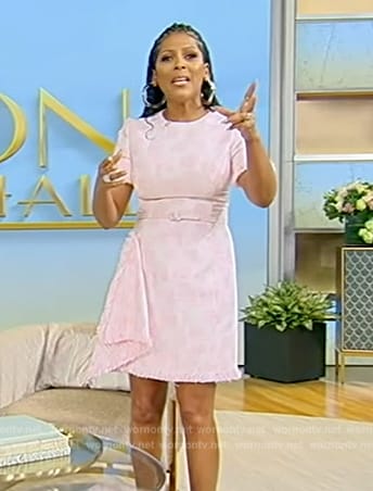 Tamron's pink asymmetric tweed dress on Tamron Hall Show