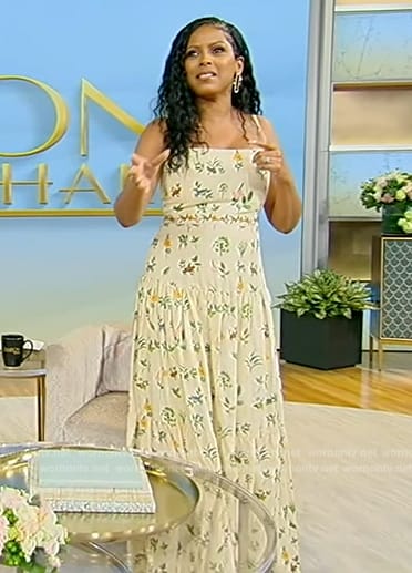 Tamron’s yellow floral print dress on Tamron Hall Show