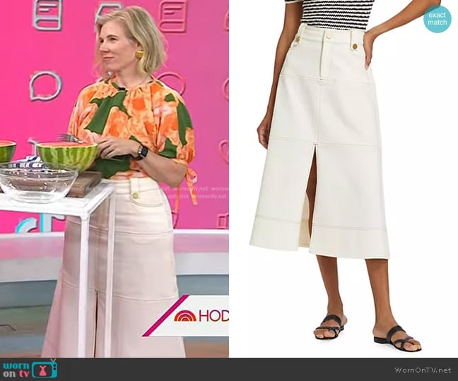 Tanya Taylor Hudie Denim Midi Skirt worn by Sarah Clagett on Today