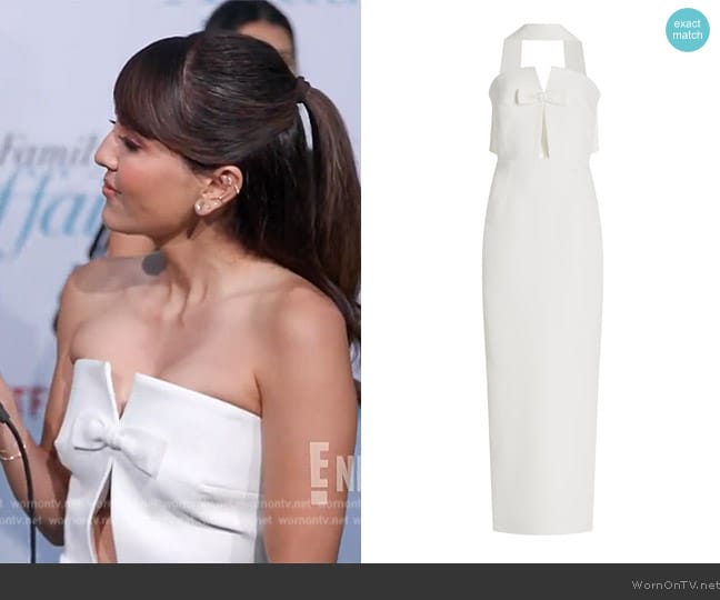 The New Arrivals Iikyaz Ozel Holly in Temple Tie-Neck Crepe Midi Dress worn by Erin Lim on E! News