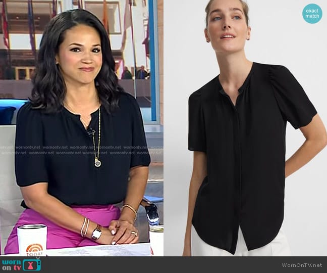 Theory Short-Sleeve Ruched Blouse in Silk Georgette worn by Laura Jarrett on Today