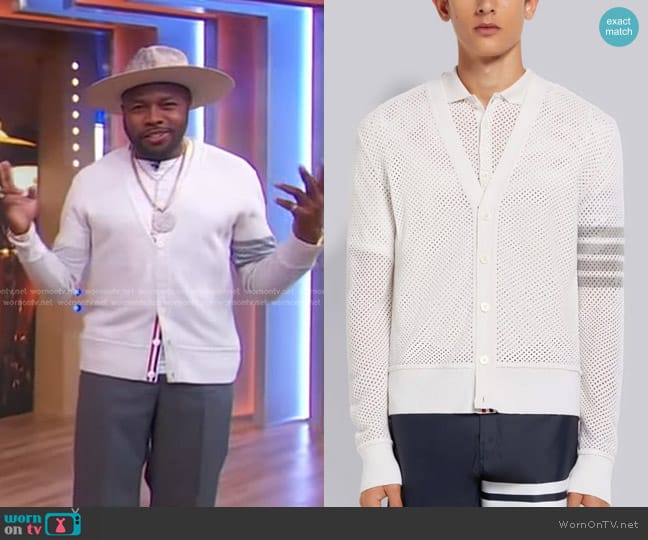 Thom Browne Cahsmere Mesh 4-Bar V-Neck Cardigan worn by Questlove on Good Morning America