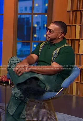 Timbaland's green striped knit polo and cargo pants on Good Morning America