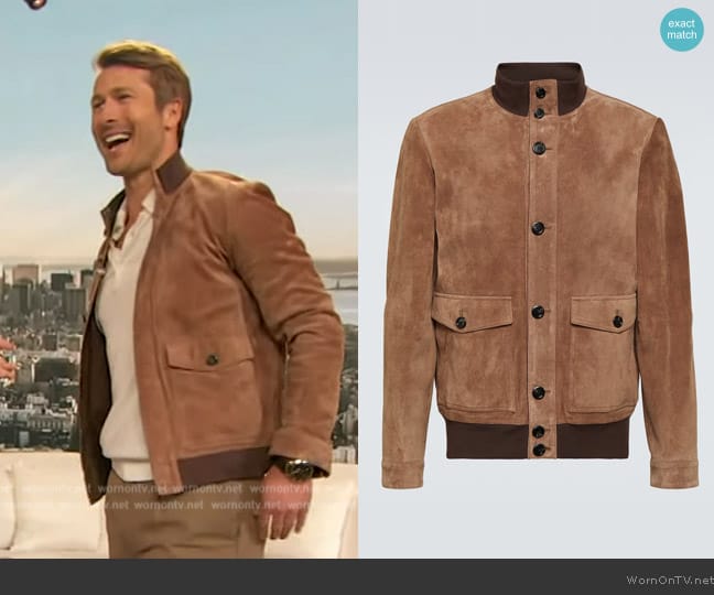 Tod's Suede bomber jacket worn by Glen Powell on The Drew Barrymore Show