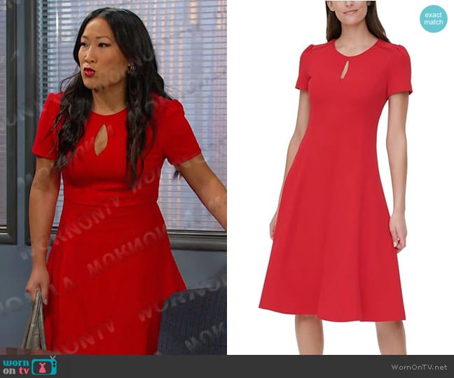 Tommy Hilfiger Keyhole Short-sleeve Midi Dress in Scarlet worn by Melinda Trask (Tina Huang) on Days of our Lives