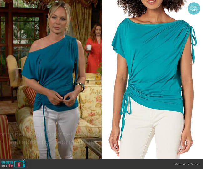 Trina Turk Amusing Top in Tile Blue worn by Sharon Newman (Sharon Case) on The Young and the Restless