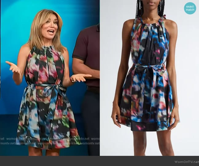 Ulla Johnson Brienne Print Belted Minidress worn by Kit Hoover on Access Hollywood