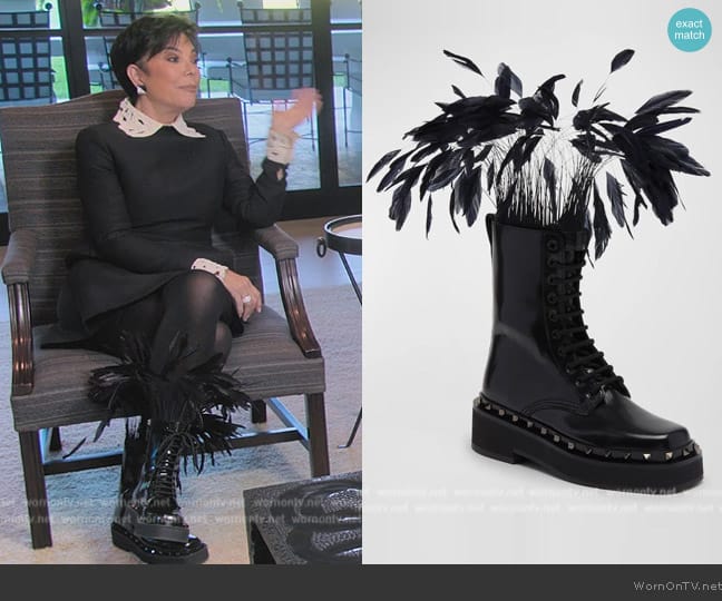 Valentino Garavani Rockstud M-Way Combat Boots In Calfskin With Feathers worn by Kris Jenner (Kris Jenner) on The Kardashians