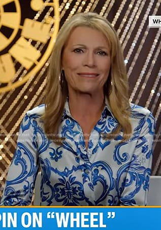 Vanna White's white and blue printed blouse on Today