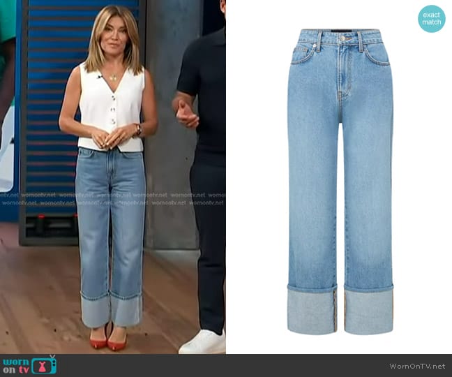 Veronica Beard Dylan Cuffed High Waist Straight Leg Jeans in Silverwood Blue worn by Kit Hoover on Access Hollywood