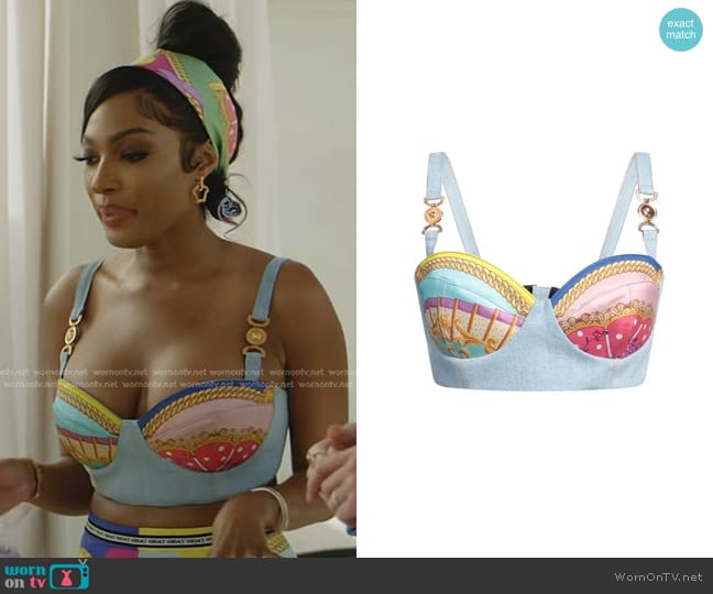 Versace La Vacanza Mixed-Media Baroque-Print Bustier Top worn by Lesa Milan (Lesa Milan) on The Real Housewives of Dubai